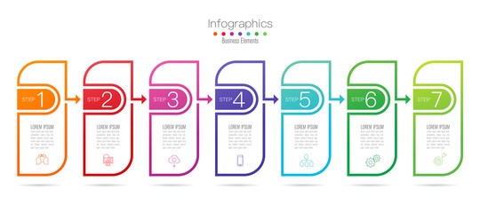 Infographics design vector with 7 options and business icons. Use in corporate report, marketing, annual report. Network management data screen with charts, diagrams.