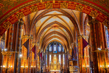 Budapest, Hungary - May 24, 2019 - The interior of the Church of the Assumption of the Buda Castle,...