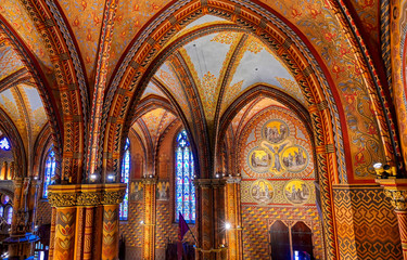 Budapest, Hungary - May 24, 2019 - The interior of the Church of the Assumption of the Buda Castle, more commonly known as the Matthias Church, located in Budapest, Hungary.