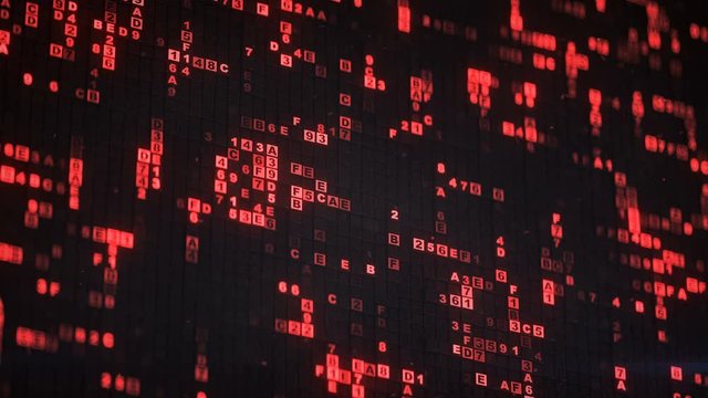 Red HEX computer code. Futuristic information technology concept. Seamless loop 3D render animation with DOF