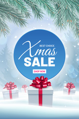 Xmas sale web banner design. Realistic gift box with red ribbon bow and branch of christmas tree. Festive announcement of Christmas sale event. Best choice vertical flyer with amazing snow landscape.