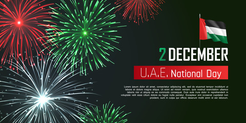 Happy United Arab Emirates national day web banner. Realistic fireworks and fluttering flag. Patriotic holiday celebrated 2th of December. National identity design in UAE colors vector illustration