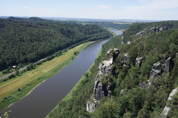 Fototapeta premium Beautiful view from the Bastei area to Stadt Wehlen in Saxon Switzerland
