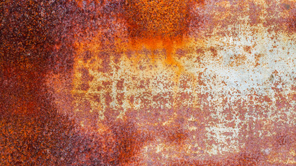 Rusted white painted metal wall. Rusty metal background with streaks of rust. 