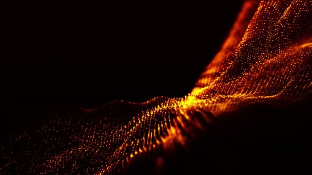 Digital particles wave flow gold color with bokeh abstract motion background concept