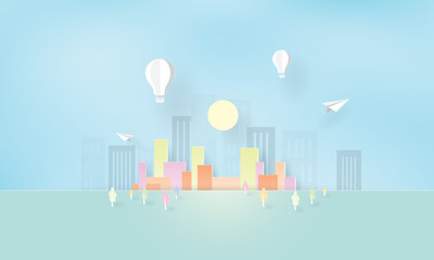 Paper art of skyscrapers with paper plane, balloon, Modern colorful concept