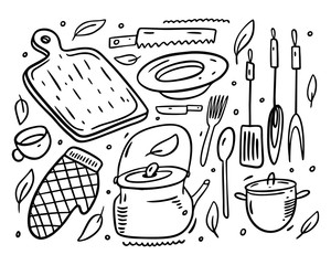 Kitchen objects collection set icons. Hand draw vector illustration. Black color.