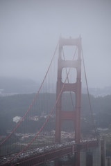 Golden Gate Bridge on a foggy spring day in San Francisco, California.