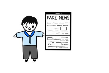 Hand drawing. Man show many fake news on tablet or smartphone. Don’t believe all information. Difficult yo tell whether story are credible or not. Copy space.
