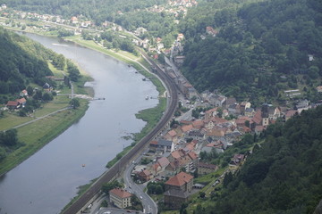View on the village of Konigstein and the Elbe river from the fortress