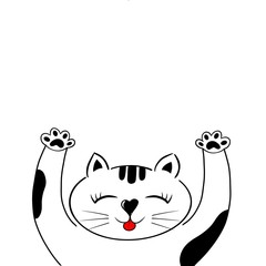 Hand drawing. Cute Meow (Cat) sticking out tongue and raise hand isolated on white background. Can be use for sticker, icon, badge, logo, card or decorate any advertising.
