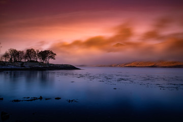 sunrise at loch linnhe near fort william, highlands, scotland, uk.
