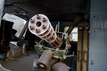 The M134 Minigun six-barrel rotary machine gun with a high rate of fire in the door helicopter.