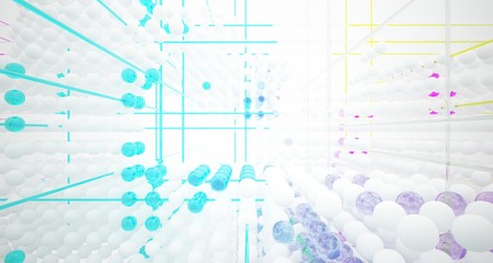 Obraz premium Abstract white and colored gradient glasses interior from array spheres with large window. 3D illustration and rendering.