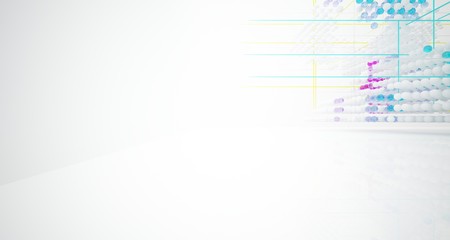 Abstract white and colored gradient glasses interior from array spheres with large window. 3D illustration and rendering.