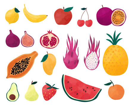 Hand drawn fresh fruit design elements isolated on white background. Vector watercolor painted collection of fruits.