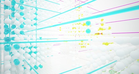 Abstract white and colored gradient glasses interior from array spheres with large window. 3D illustration and rendering.