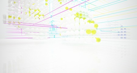 Abstract white and colored gradient glasses interior from array spheres with large window. 3D illustration and rendering.