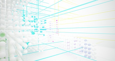 Abstract white and colored gradient glasses interior from array spheres with large window. 3D illustration and rendering.