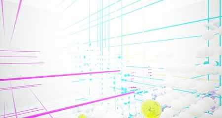 Abstract white and colored gradient glasses interior from array spheres with large window. 3D illustration and rendering.