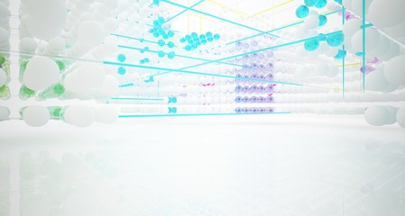 Abstract white and colored gradient glasses interior from array spheres with large window. 3D illustration and rendering.