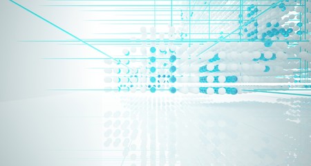 Obraz premium Abstract white and colored gradient glasses interior from array spheres with large window. 3D illustration and rendering.