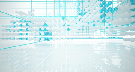 Abstract white and colored gradient glasses interior from array spheres with large window. 3D illustration and rendering.