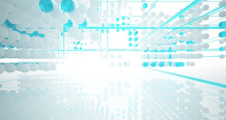 Abstract white and colored gradient glasses interior from array spheres with large window. 3D illustration and rendering.