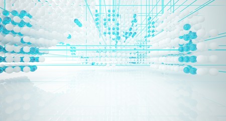 Obraz premium Abstract white and colored gradient glasses interior from array spheres with large window. 3D illustration and rendering.