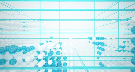 Fototapeta premium Abstract white and colored gradient glasses interior from array spheres with large window. 3D illustration and rendering.