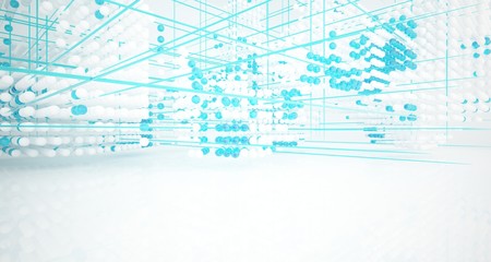 Abstract white and colored gradient glasses interior from array spheres with large window. 3D illustration and rendering.