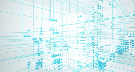 Abstract white and colored gradient glasses interior from array spheres with large window. 3D illustration and rendering.