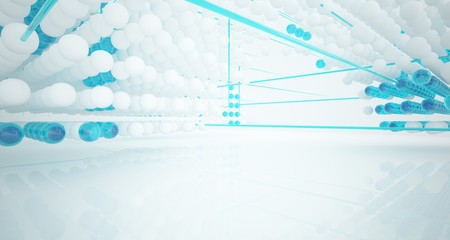Abstract white and colored gradient glasses interior from array spheres with large window. 3D illustration and rendering.