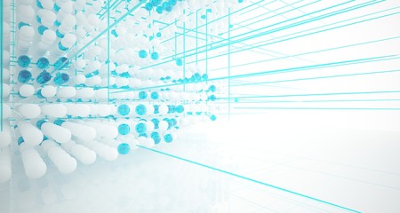 Fototapeta premium Abstract white and colored gradient glasses interior from array spheres with large window. 3D illustration and rendering.