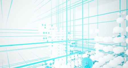 Obraz premium Abstract white and colored gradient glasses interior from array spheres with large window. 3D illustration and rendering.