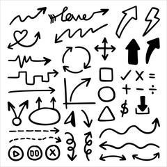 Hand drawn arrow vector icons set. sketch arrow design for business plan and education.