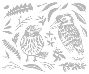 Vector decorative Australian birds - Scarlet Robin and Kookaburra in monochrome