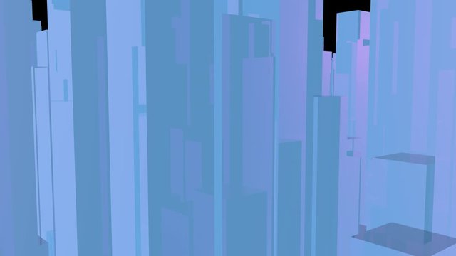 Representation of the modern city in a minimalist style. Flying between the schematic abstract buildings of the metropolis.