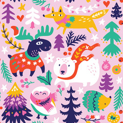 Winter seamless pattern with cartoon animals in scarves