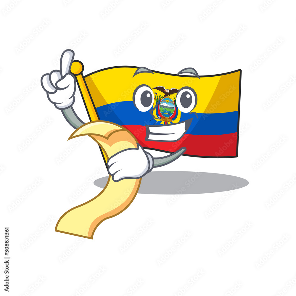 Wall mural Cute flag ecuador cartoon character with menu ready to serve