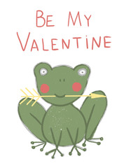 Hand drawn Valentine's day greeting cards with lettering and cute frog character. Be my valentine concept