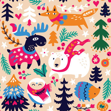 Woodland seamless pattern with cozy animals and decorative elements in vector