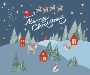 Hand drawn vector greeting card or banner. Scandinavian landscape with deer, bunny, fox, xmas trees, cute red houses anh dark sky with flying Santa Claus and deers