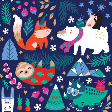 Seamless pattern of whimsical forest with winter animals. Vector illustration