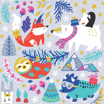 Seamless whimsical pattern with cute polar bear, penguin, fox, sloth and dinosaur in cartoon style. Winter mood.