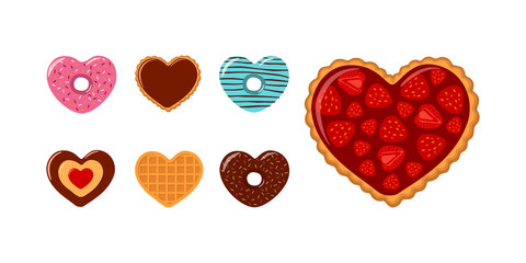 Valentines Day. Set of heart-shaped cookies, donuts and waffles with strawberries and chocolate