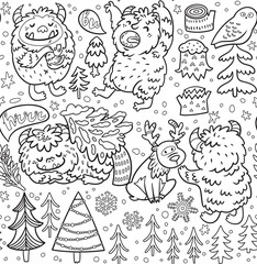 Seamless pattern with cartoon Bigfoots and winter woodland elements in contour