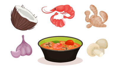 Spicy Tasty Dish with Cooking Ingredients, Bowl of Hot Soup, Garlic, Mushroom, Shrimp, Coconut, Ginger Vector Illustration