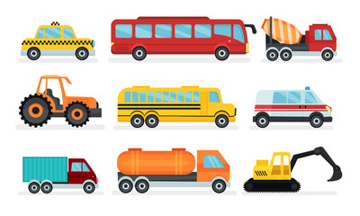 Transport Collection, Taxi Car, Bus, Cement Truck, Tractor, Ambulance, Lorry, Bulldozer Vector Illustration