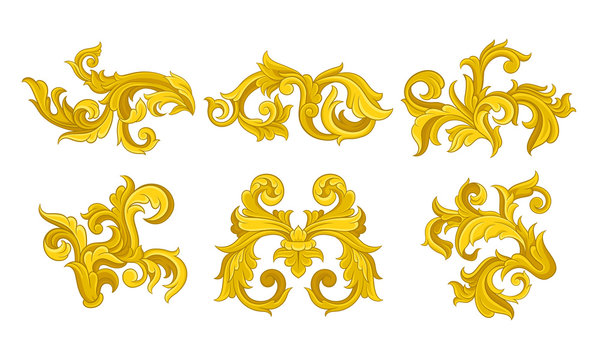 Golden Monogram With Floral Ornament Collection, Ancient Baroque Vignettes Vector Illustration